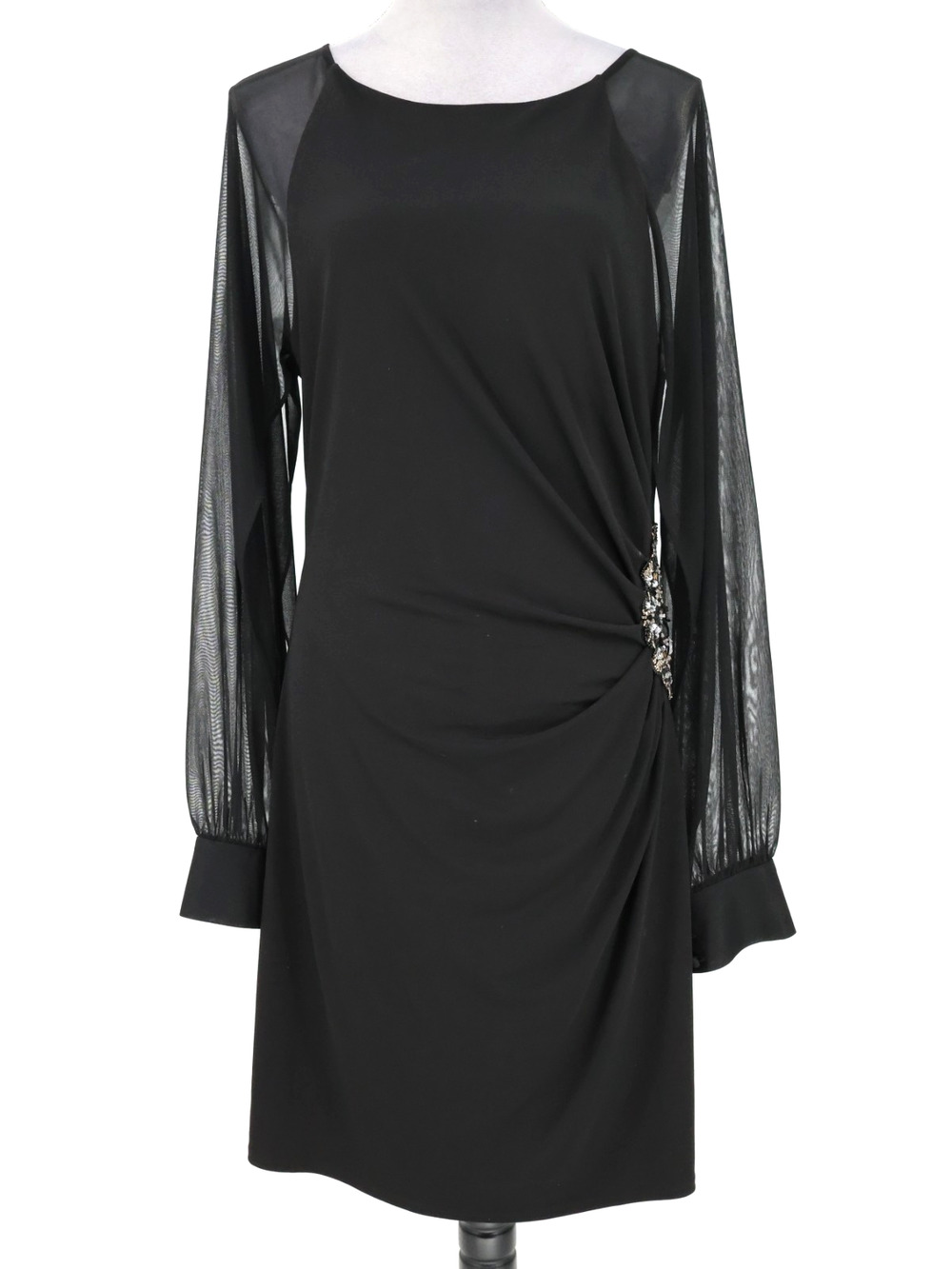 Eliza J Dress Womens 14 Black Ruched Side Sequins Sheer Sleeves Lined Formal